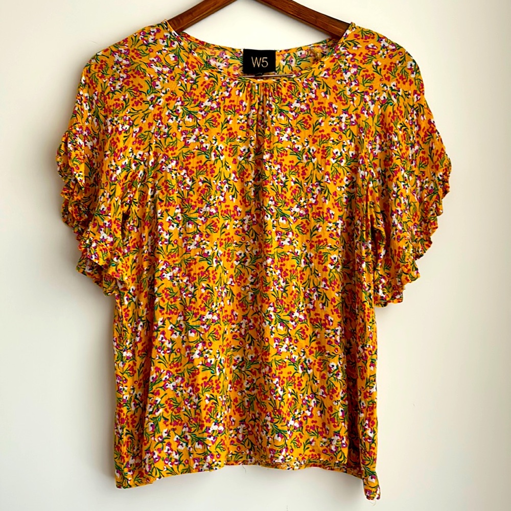 W5 Yellow Pink Floral Ruffle Sleeved Blouse